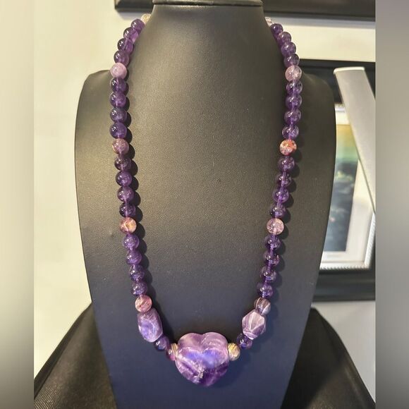 22" of ALL types of Amethyst beads, massive heart pendant necklace, 925 clasp! - Picture 14 of 15